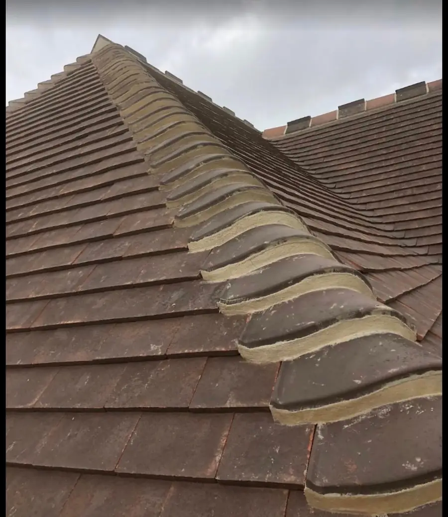Clay plain tile roof with half-round ridge tiles bedded in mortar