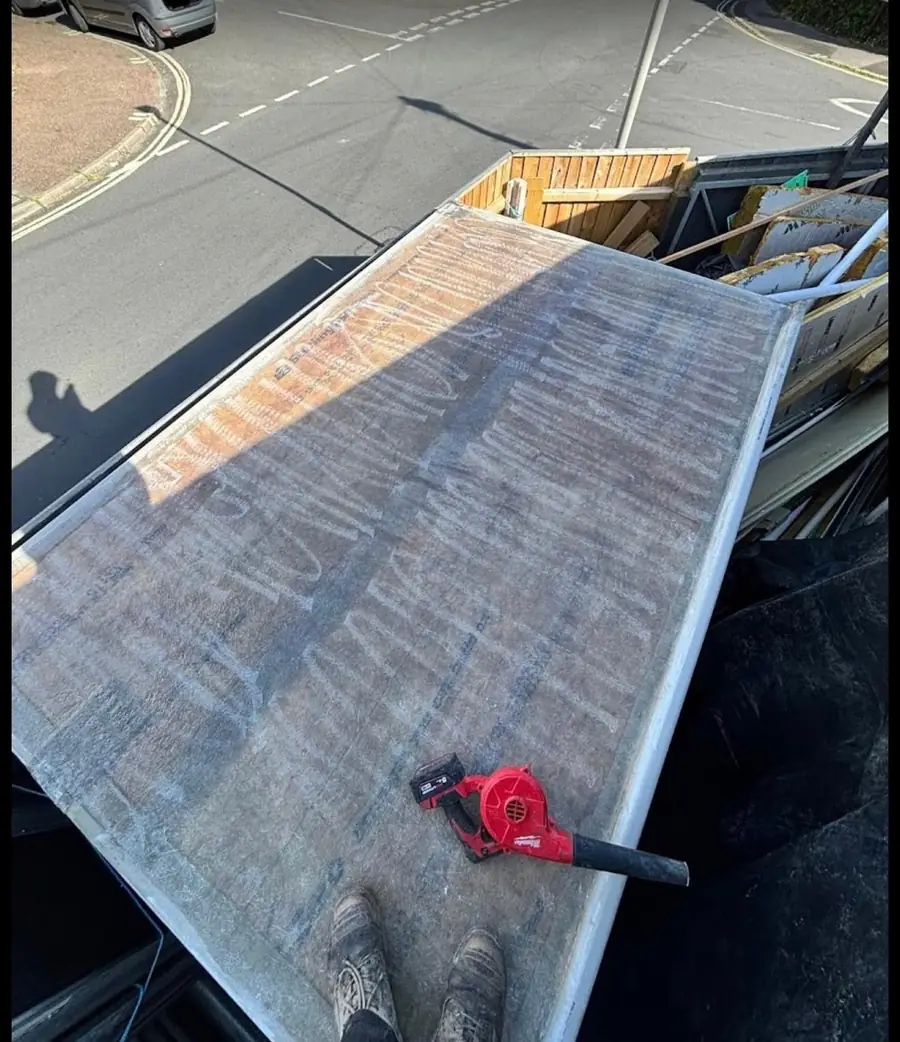 GRP fibreglass flat roof at the laminate stage, before the topcoat goes on