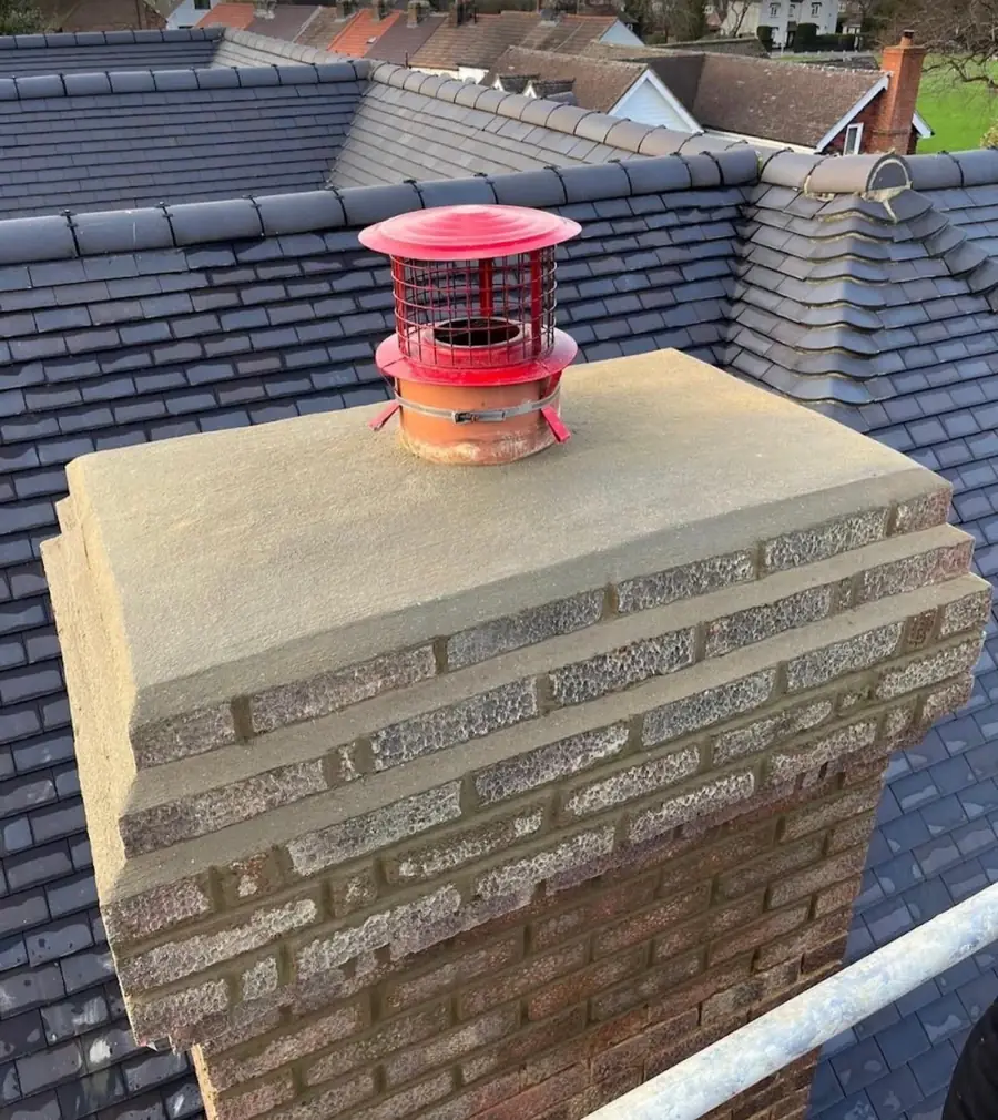 Rebuilt chimney with a new stone cap and a red cowl